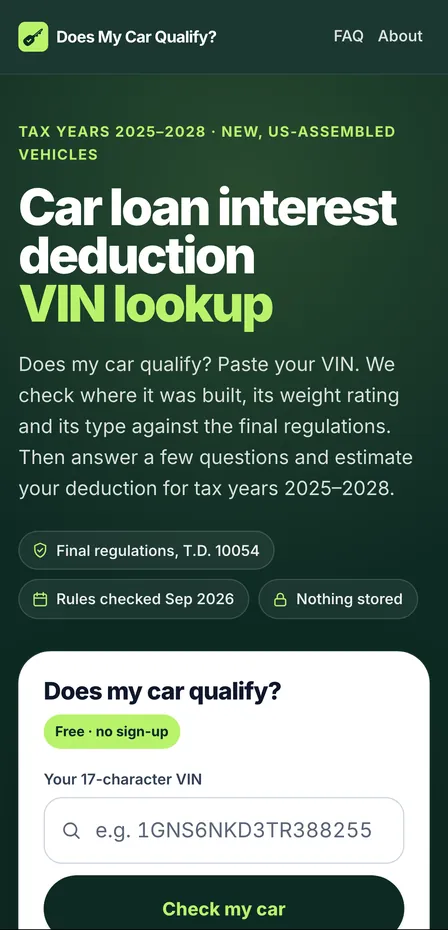 car.loopnode.live on a phone: the headline “Car loan interest deduction VIN lookup”, three trust chips and the VIN box with a Check my car button