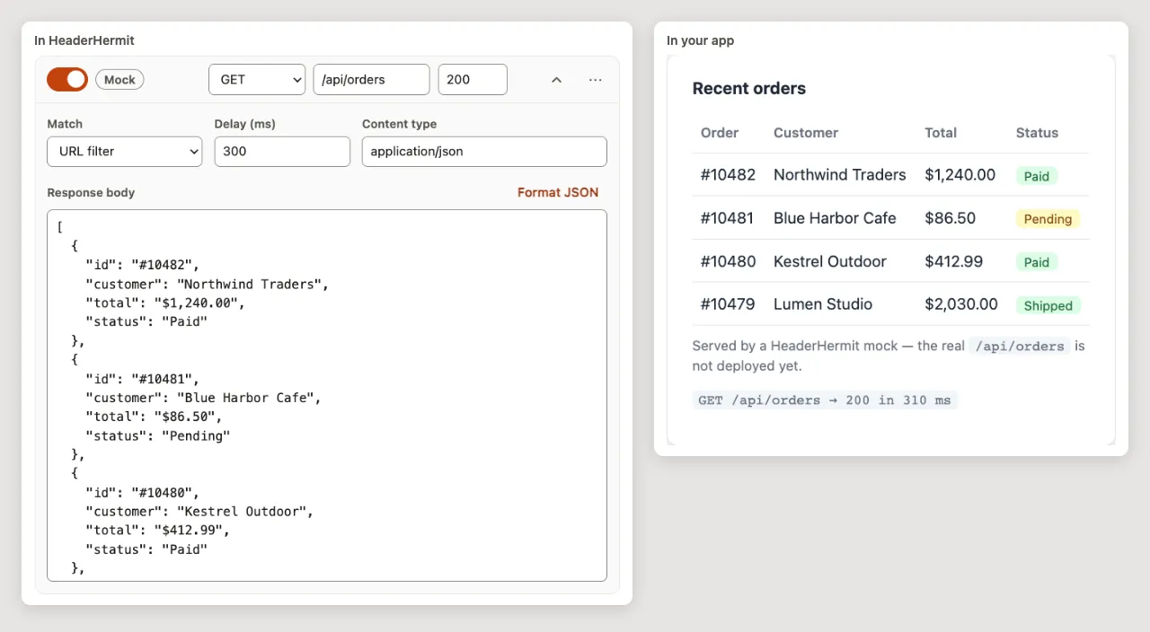 A GET /api/orders mock with status 200, a 300 ms delay and a JSON body, beside a demo app table filled from that mocked response